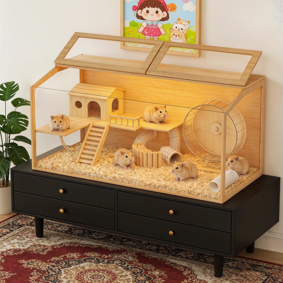 Grande Cage en Bois pour Hamster avec Façade en Verre Trempé