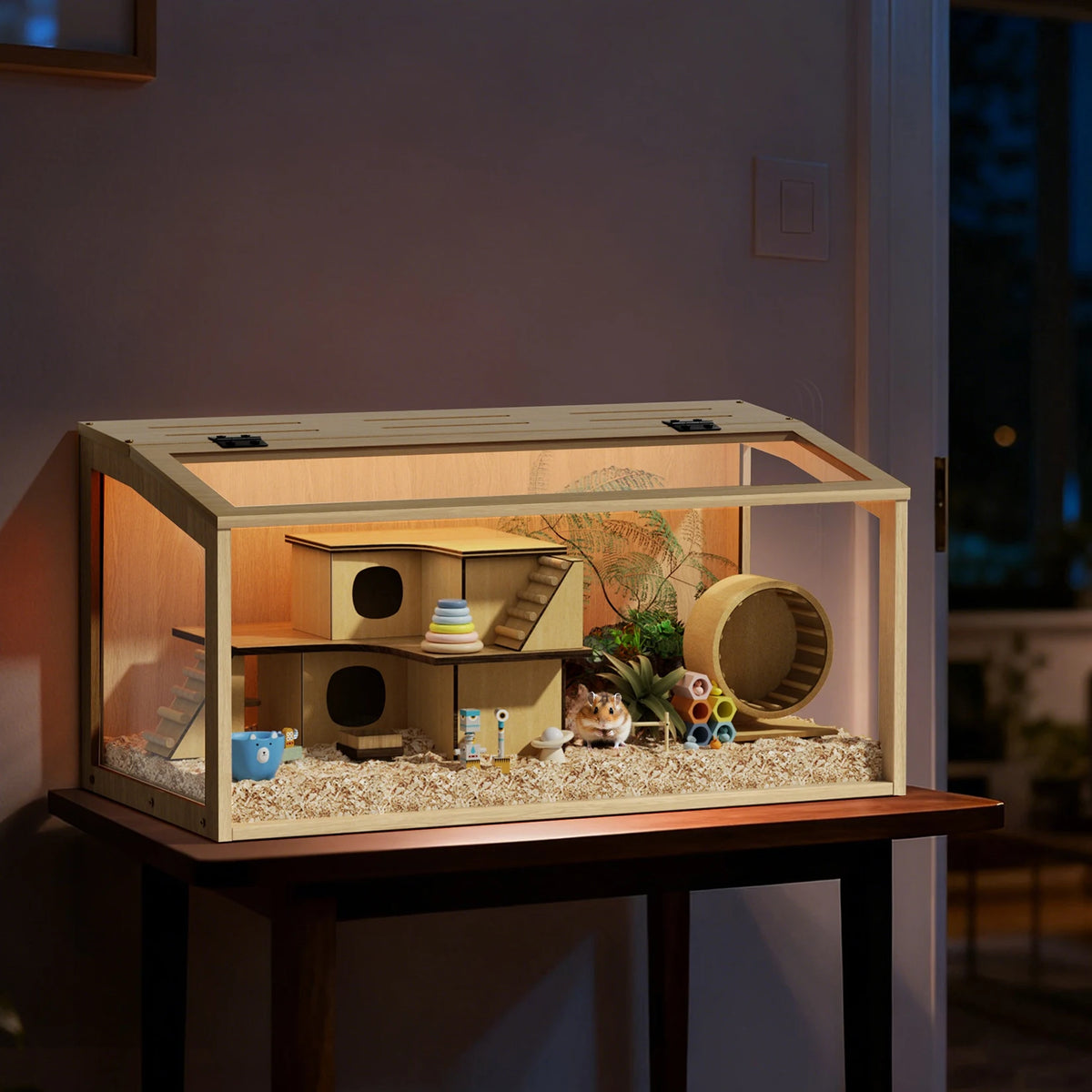 Grande Cage en Bois pour Hamster avec Façade en Verre Trempé