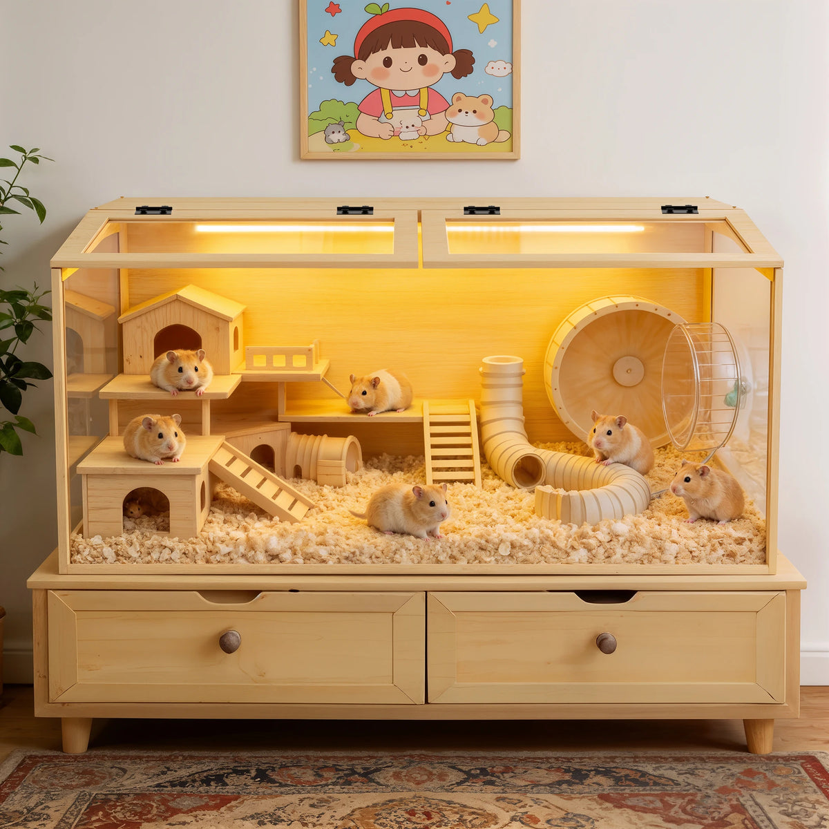 Grande Cage en Bois pour Hamster avec Façade en Verre Trempé