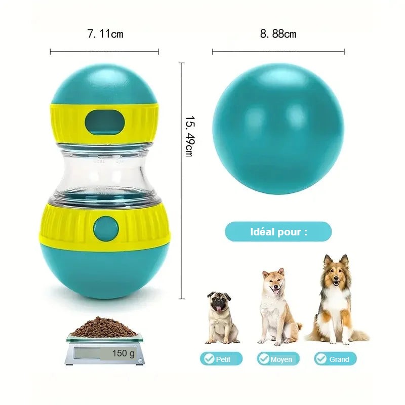 Dimensions du jouet distributeur de friandises, idéal pour petits, moyens et grands chiens