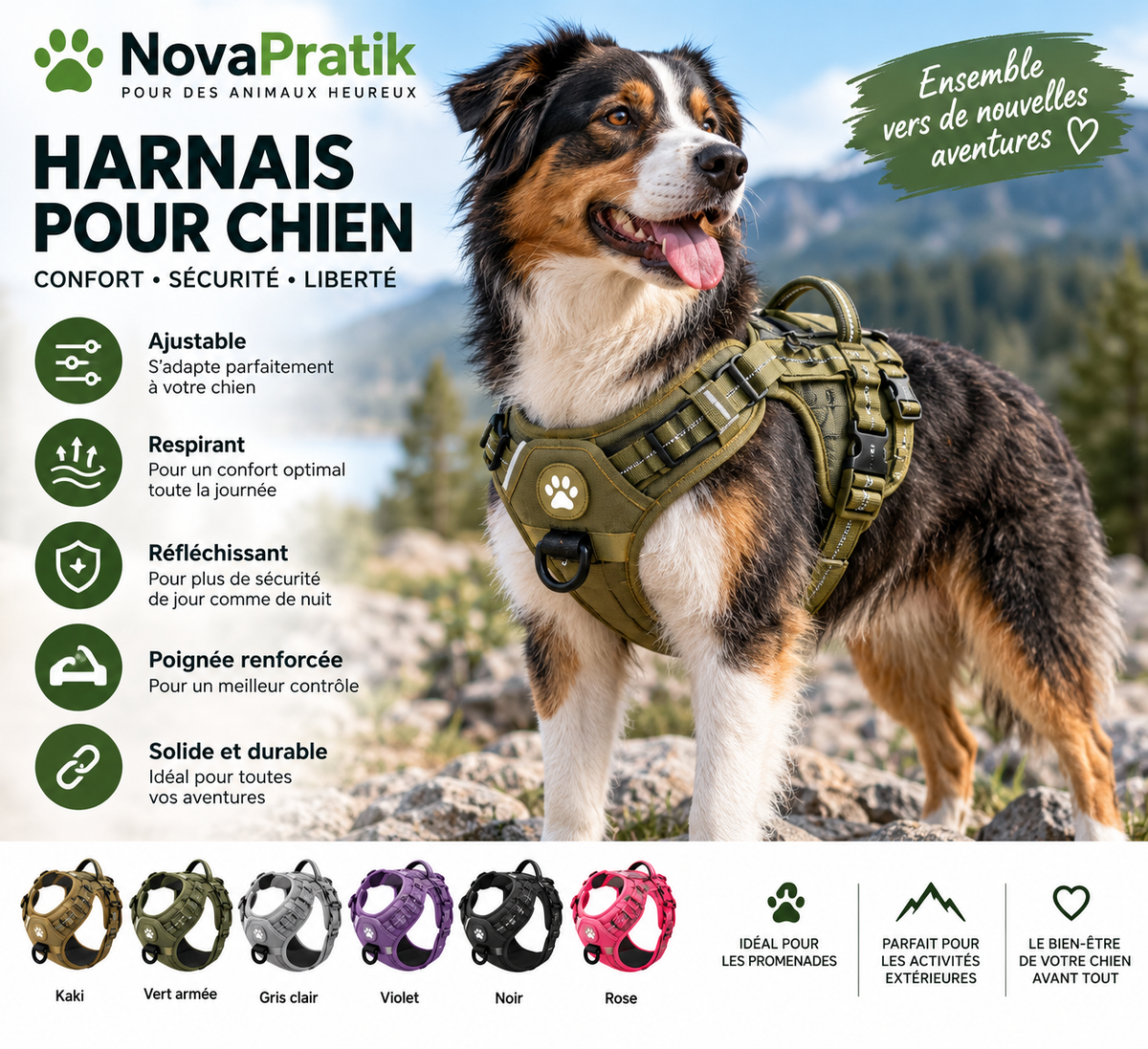 Harnais réfléchissant NovaPratik pour promenade et activités extérieures